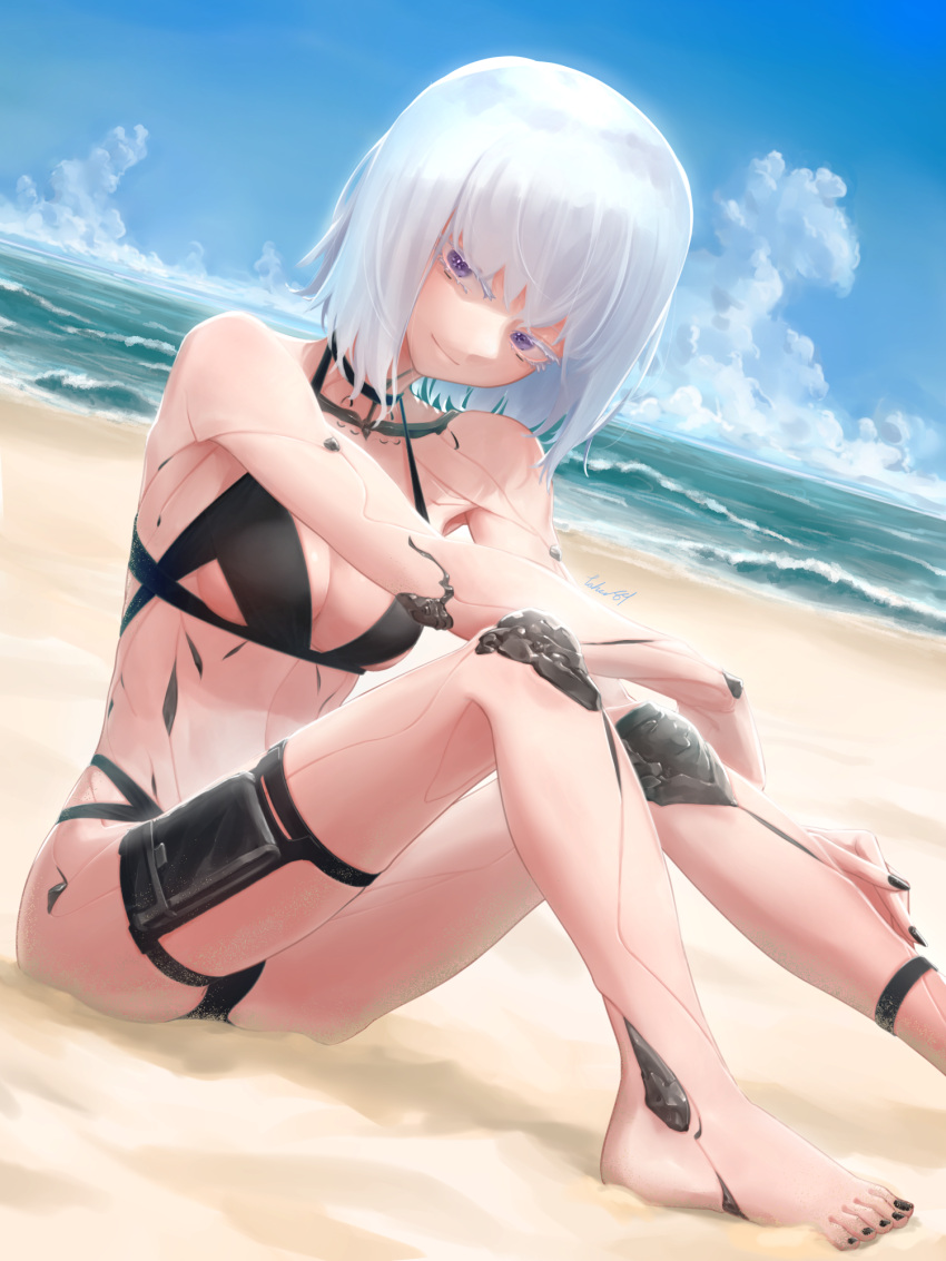 1girl android beach bikini clouds cloudy_sky commentary_request highres looking_at_viewer nail_polish ocean original signature sitting sky smile solo swimsuit tafuu_(tortafu) thigh_pouch violet_eyes waves white_hair