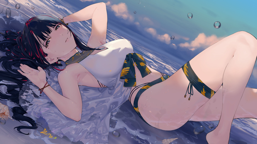 1girl armpits bangs bare_shoulders barefoot bikini black_hair blue_sky breasts clouds dress grin la-na long_hair looking_at_viewer lying mole mole_under_eye multicolored_hair on_back original outdoors redhead sky sleeveless sleeveless_dress smile solo swimsuit thigh_strap two-tone_hair white_dress