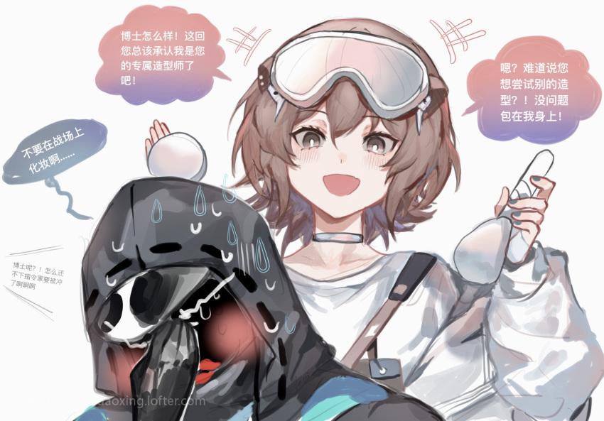 1girl 1other arknights blue_nails blush brown_eyes brown_hair check_translation choker doctor_(arknights) goggles highres hood lipstick long_sleeves makeup makeup_brush mask open_mouth roberta_(arknights) shirt short_hair sweatdrop translation_request white_background white_shirt zuo_daoxing