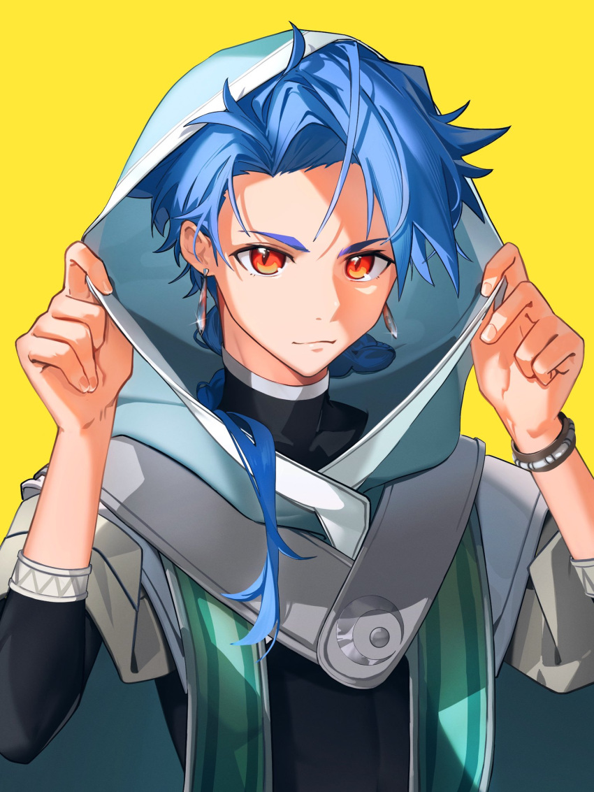 1boy adjusting_hood asymmetrical_bangs blue_hair bodysuit bodysuit_under_clothes bracelet braid braided_ponytail capelet child cu_chulainn_(fate) earrings fate/grand_order fate_(series) highres hood hood_up hooded_capelet jewelry long_hair looking_at_viewer male_child male_focus red_eyes setanta_(fate) simple_background solo upper_body wagaya43 yellow_background