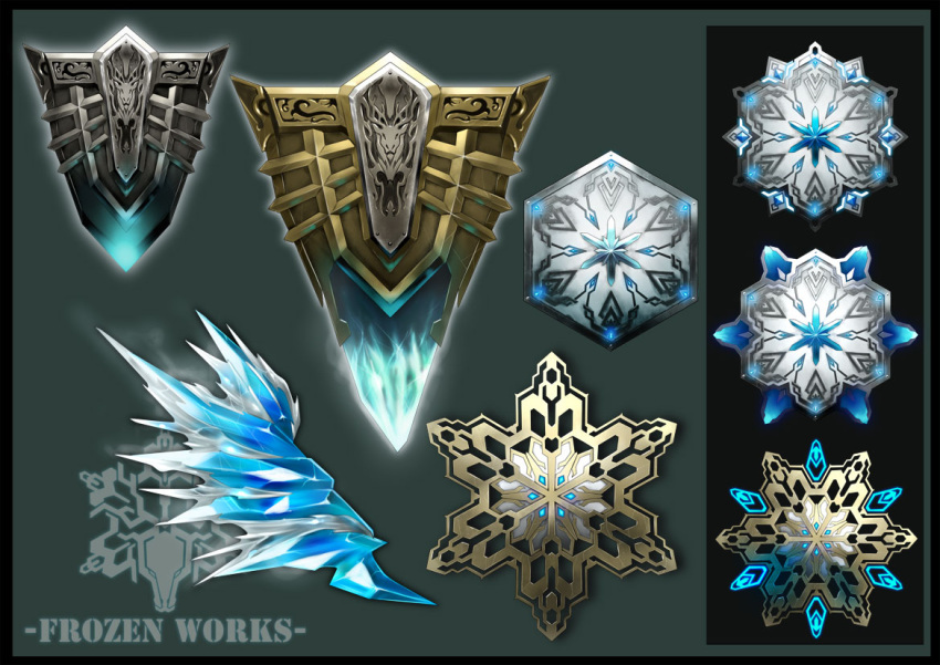black_background commentary_request english_commentary english_text fantasy green_background harunori_oogami ice mixed-language_commentary no_humans original shield simple_background snowflakes still_life weapon weapon_focus