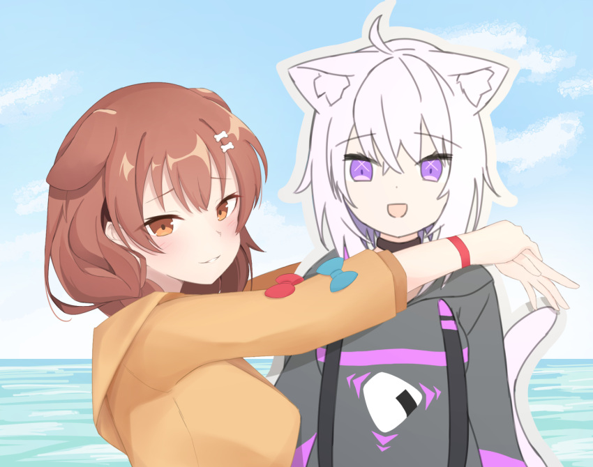 1girl :d ahoge animal_ears arms_around_waist aurapls black_choker blue_bow blue_sky blush bone_hair_ornament bow brown_eyes brown_hair cardboard_cutout cat_ears choker day dog_ears dot_nose ears_down food grey_hair hair_between_eyes hair_ornament hairclip highres hololive hood hood_down hoodie inugami_korone jacket long_sleeves looking_at_viewer nekomata_okayu ocean onigiri open_mouth outdoors parted_lips print_hoodie red_bow sky smile solo tail violet_eyes wristband yellow_jacket yuri