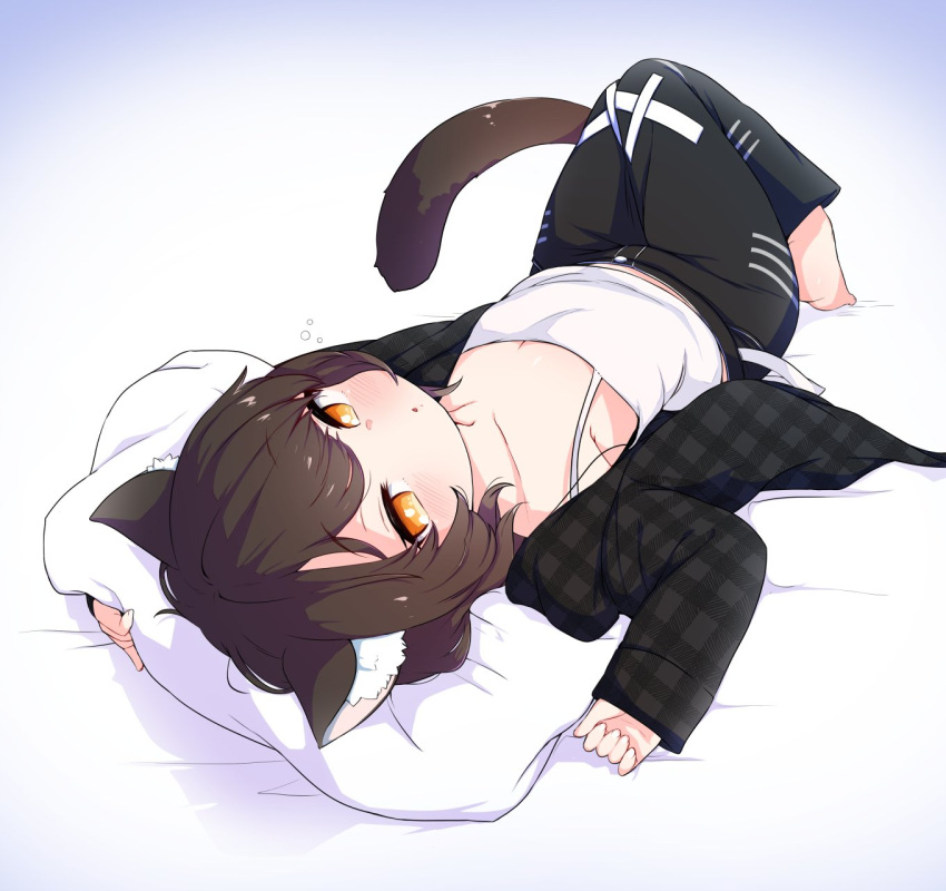 1girl animal_ear_fluff animal_ears bangs black_pants cat_ears cat_girl cat_tail collarbone commission curled_fingers done_(donezumi) full_body highres jacket knees_together_feet_apart loli long_sleeves looking_at_viewer lying on_back open_mouth orange_eyes original pants parted_bangs pillow plaid plaid_jacket simple_background skeb_commission solo tail tank_top white_background white_tank_top
