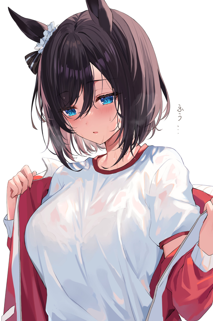 1girl absurdres black_hair blue_eyes blush breasts character_request eyebrows_visible_through_hair gym_shirt highres hizuki_higure jacket long_sleeves looking_away looking_down medium_breasts off_shoulder open_clothes open_jacket parted_lips red_jacket see-through shirt short_hair solo track_jacket translation_request umamusume undressing wet wet_clothes wet_hair wet_shirt white_shirt