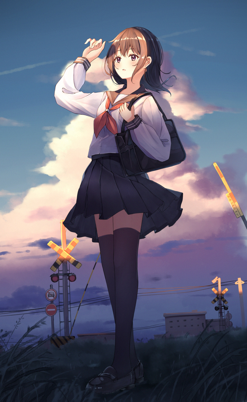 1girl absurdres arm_up bag bangs black_footwear black_legwear black_sailor_collar black_skirt blue_sky blush brown_hair clouds commentary_request day enuni eyebrows_visible_through_hair highres loafers long_sleeves looking_away original outdoors parted_lips pleated_skirt railroad_crossing sailor_collar school_bag school_uniform serafuku shirt shoes skirt sky solo standing thigh-highs violet_eyes white_shirt