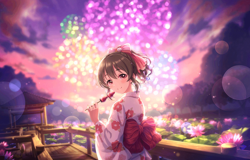 1girl artist_request bangs blush bow brown_hair clouds cloudy_sky eyebrows_visible_through_hair fireworks floral_print flower food fruit hair_bow hair_ornament holding hori_yuko idolmaster idolmaster_cinderella_girls idolmaster_cinderella_girls_starlight_stage japanese_clothes kimono long_sleeves looking_at_viewer obi official_art outdoors ponytail print_kimono red_eyes sash sky smile solo strawberry summer_festival sunlight sunset yukata