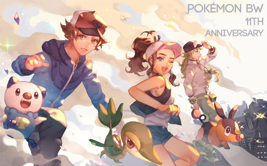 1girl 2boys ;d baseball_cap black_vest blue_eyes blue_jacket brown_eyes brown_hair commentary_request day denim denim_shorts eyelashes green_hair hand_on_headwear hat high_ponytail highres hilbert_(pokemon) hilda_(pokemon) jacket long_hair long_sleeves multiple_boys n_(pokemon) one_eye_closed open_mouth oshawott outdoors pants poke_ball_print pokemon pokemon_(creature) pokemon_(game) pokemon_bw raga red_headwear shirt short_hair short_shorts shorts sidelocks sleeveless sleeveless_shirt smile snivy sparkle starter_pokemon_trio tepig tongue upper_teeth vest white_shirt zipper_pull_tab