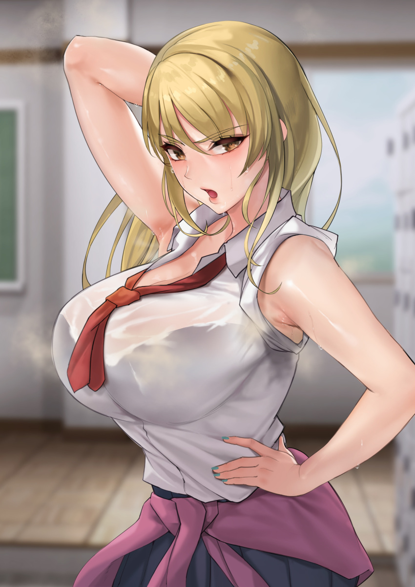 1girl absurdres arm_up armpits bangs bare_shoulders black_bra blonde_hair blue_nails bra bra_through_clothes breasts chalkboard classroom collared_shirt dress_shirt gyaru hand_on_hip highres indoors kogal large_breasts large_pectorals long_hair looking_at_viewer loose_necktie mute_(mute89539160) nail_polish necktie open_mouth original pectorals pink_swimsuit pleated_skirt red_neckwear school_uniform see-through shirt skirt sleeves_rolled_up steaming_body sweat swimsuit tied_sweater underwear white_shirt window yellow_eyes