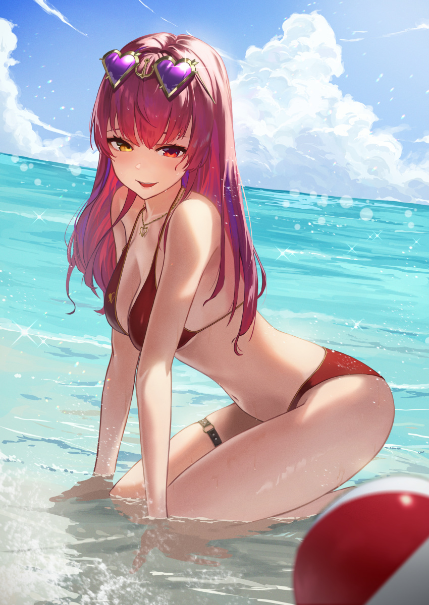 1girl absurdres ball bikini blue_sky breasts clouds day eyewear_on_head hara_kenshi heart heart-shaped_eyewear heart_necklace heterochromia highres hololive houshou_marine huge_filesize kneeling leg_garter long_hair looking_at_viewer medium_breasts ocean open_mouth outdoors red_bikini red_eyes redhead sky smile solo summer sunglasses swimsuit virtual_youtuber water wet yellow_eyes