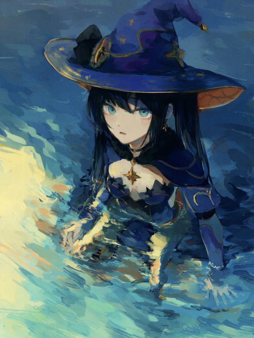 1girl 7ife absurdres bangs black_choker black_hair blue_bodysuit blue_capelet blue_eyes blue_headwear bodysuit capelet choker commentary english_commentary genshin_impact hat highres long_hair long_sleeves looking_at_viewer mona_(genshin_impact) parted_lips partially_submerged solo twintails water witch_hat