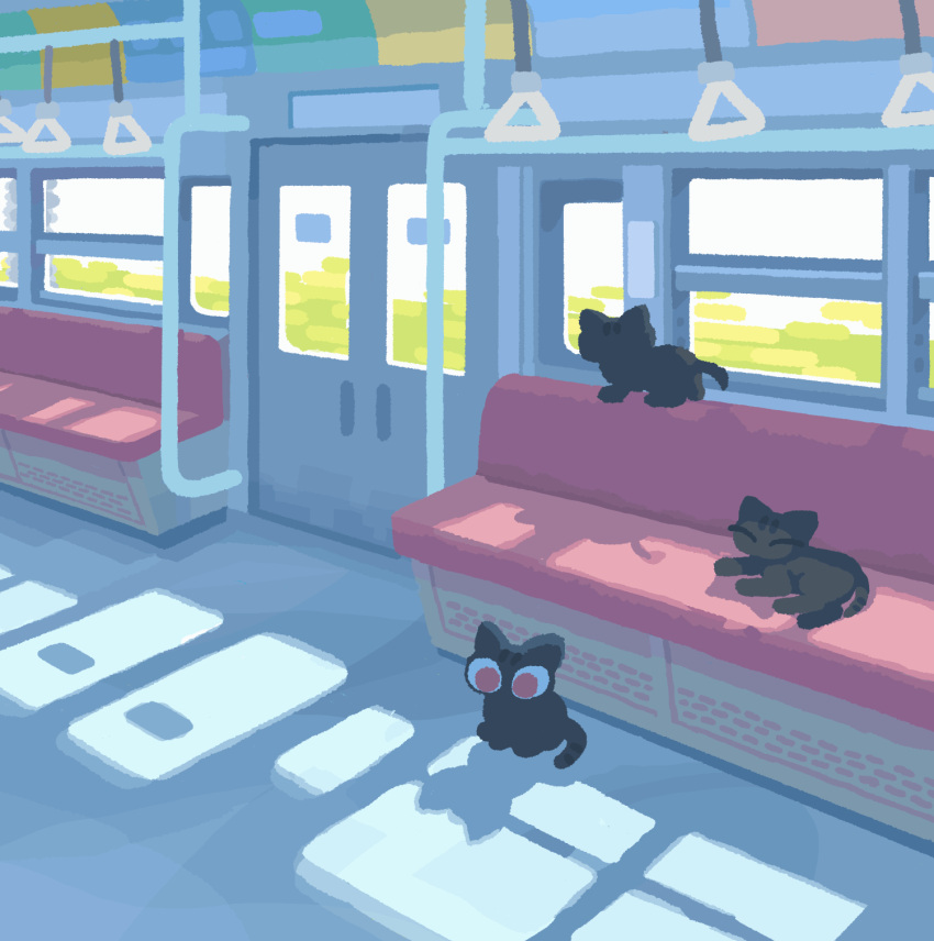 ^_^ animal animal_focus animated animated_gif backlighting black_cat cat closed_eyes day door facing_away facing_viewer from_behind ground_vehicle hand_grip highres indoors lying no_humans no_lineart on_side original pink_eyes scenery seat shade shadow sitting subway toyoi_yuuta train train_interior vehicle_interior wide_shot window