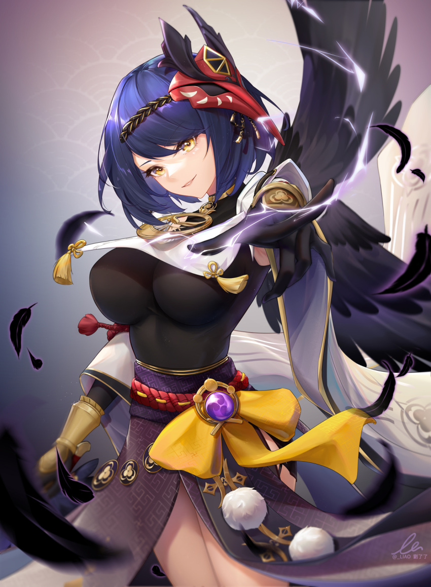 1girl bangs black_wings blue_hair breasts cowboy_shot electricity feathers genshin_impact highres japanese_clothes kujou_sara large_breasts liu_liaoliao mask mask_on_head obi outstretched_arm parted_lips sash short_hair smile solo tassel tengu_mask thighs vambraces vision_(genshin_impact) wings yellow_eyes