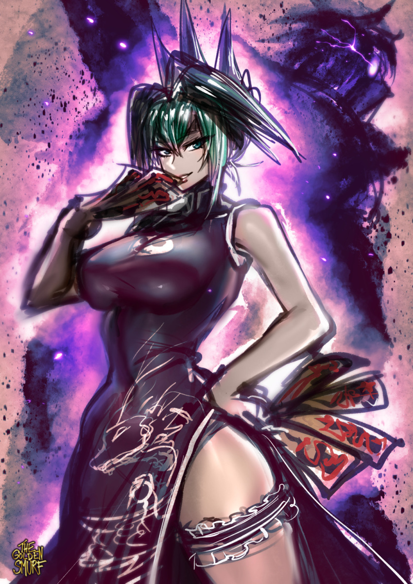 1girl :d artist_name aura breasts charm_(object) china_dress chinese_clothes dark_aura dress glowing green_eyes green_hair hair_between_eyes hand_on_hip highres large_breasts long_dress looking_at_viewer open_mouth shaman_king sketch sleeveless sleeveless_dress smile solo standing tao_jun teeth the_golden_smurf thick_thighs thigh_strap thighs