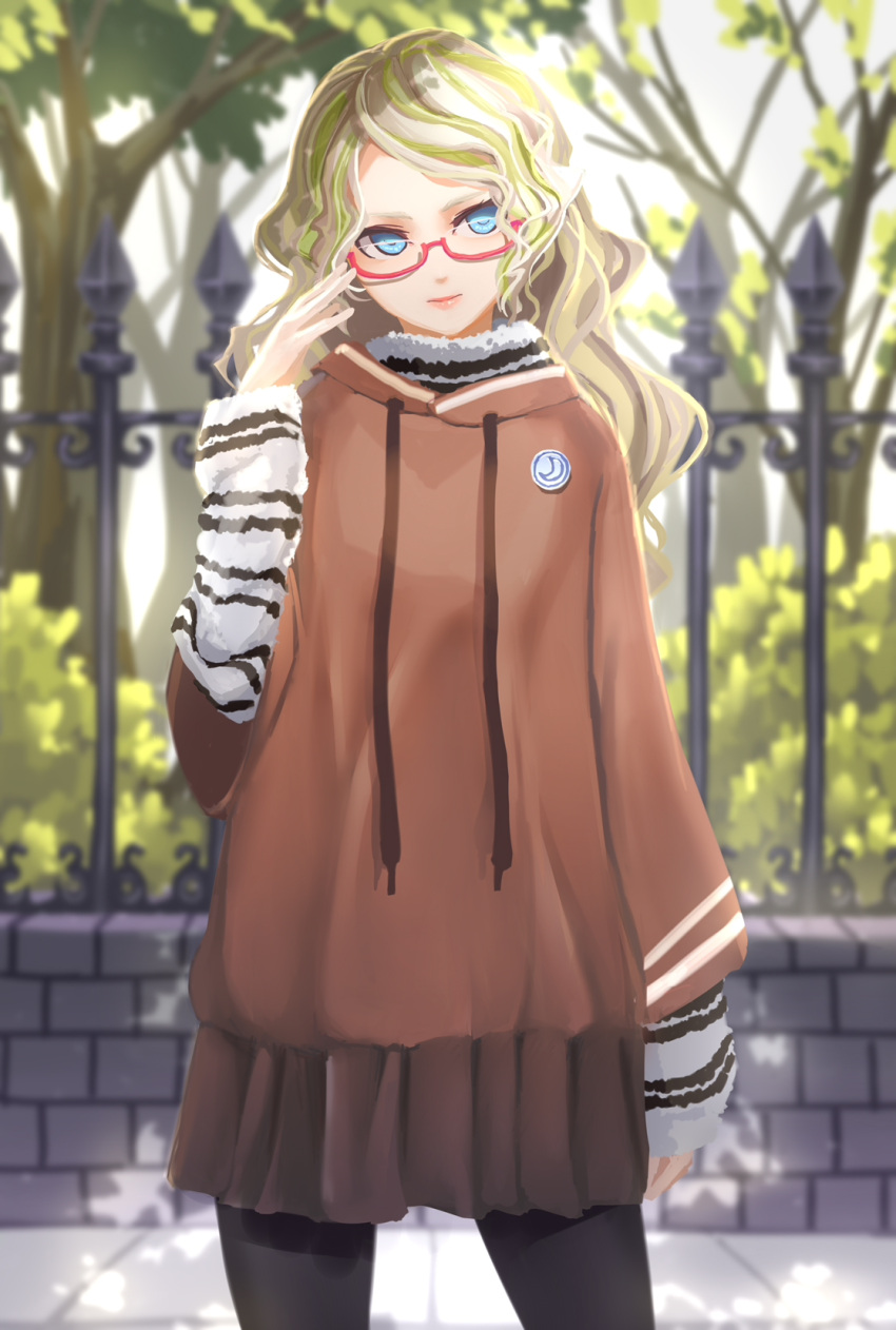 1girl adjusting_eyewear alternate_costume black_legwear blue_eyes bush casual closed_mouth cowboy_shot day diana_cavendish fence glasses green_hair hand_on_eyewear highres light_green_hair light_smile little_witch_academia long_hair looking_at_viewer moon_print multicolored_hair outdoors poncho red-framed_eyewear semi-rimless_eyewear solo striped striped_sweater sweater tree two-tone_hair under-rim_eyewear virgosdf white_sweater wide_sleeves