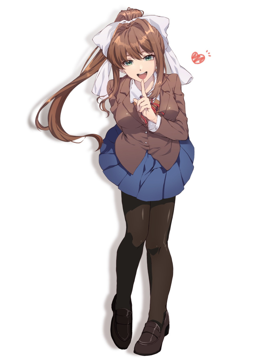 1girl black_legwear blazer blue_skirt breasts brown_jacket collared_shirt doki_doki_literature_club eyebrows_visible_through_hair green_eyes hair_intakes highres jacket leaning_forward long_hair looking_at_viewer matsuda_(mtd_skm) medium_breasts monika_(doki_doki_literature_club) pantyhose ponytail school_uniform shirt skirt smile solo white_shirt