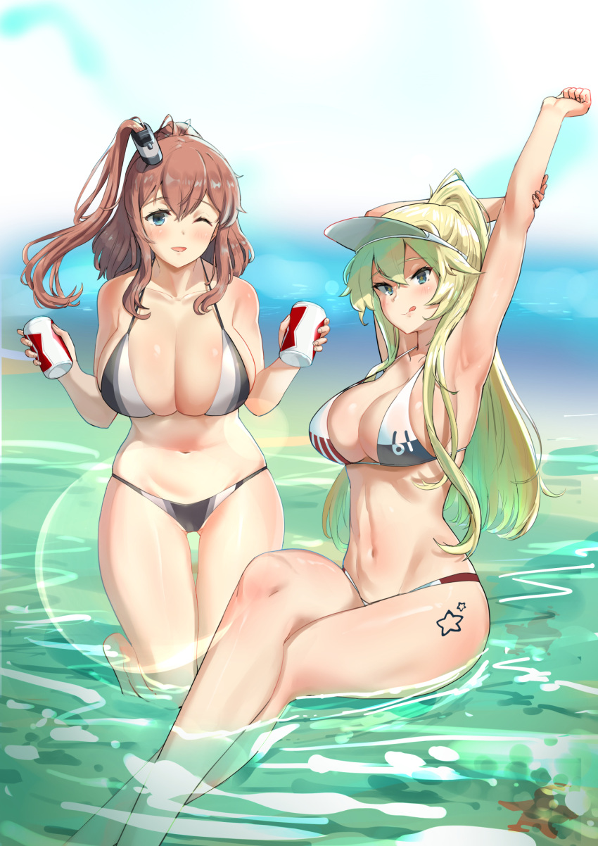 2girls alternate_costume arm_up arms_up bare_arms bare_legs bare_shoulders barefoot bikini blonde_hair blue_eyes blue_sky breasts brown_hair can clouds day english_commentary grey_bikini hair_between_eyes highres holding holding_can iowa_(kancolle) kantai_collection large_breasts long_hair looking_at_viewer multiple_girls osananajimi_neko outdoors ponytail saratoga_(kancolle) side_ponytail sidelocks skindentation sky smokestack smokestack_hair_ornament soaking_feet string_bikini swimsuit unfinished visor_cap water