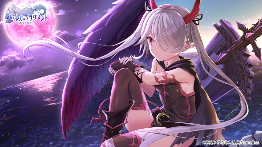 1girl akino_ell bandaged_leg bandages bangs belt belt_buckle black_belt black_cape black_footwear black_gloves black_wings blush boots breasts brown_legwear brown_leotard buckle cape chain closed_mouth clouds copyright_name deep_one_kyomu_to_mugen_no_fragment ear_piercing feathered_wings fingerless_gloves fingernails full_moon gloves grey_hair groin hair_over_one_eye horizon horns huge_weapon knee_up leotard long_fingernails looking_away medium_breasts moon nail_polish night night_sky ocean official_art piercing pointy_ears red_eyes red_nails sharp_fingernails single_wing sitting sky solo strapless strapless_leotard thigh-highs thighhighs_under_boots torn_cape torn_clothes twintails water weapon weapon_behind_back wings