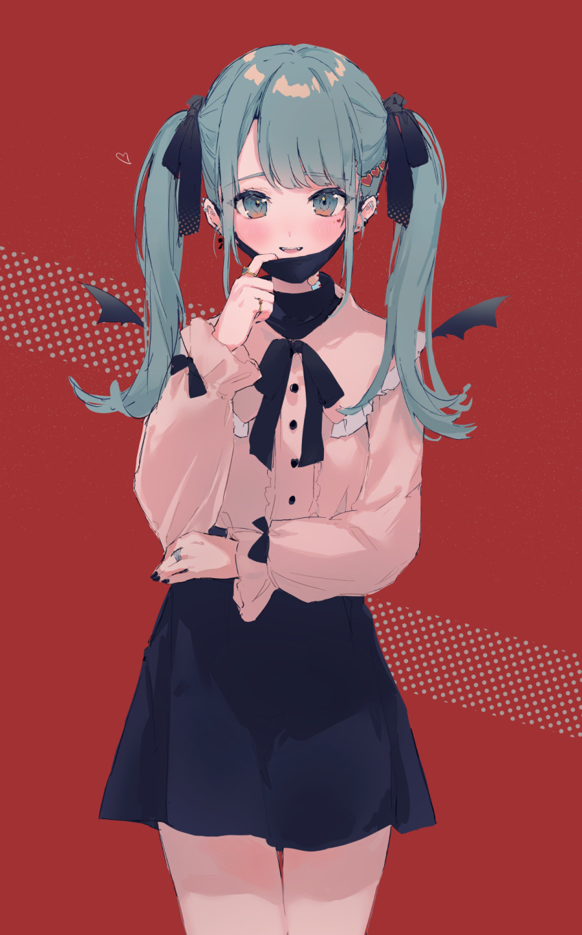 1girl bangs black_bow black_nails black_skirt blue_eyes blue_hair blush bow collared_shirt dress_shirt ear_piercing eyebrows_visible_through_hair facial_mark fangs frilled_shirt_collar frills hair_bow hand_up hatsune_miku heart highres jewelry long_hair long_sleeves mask mask_pull mouth_mask nail_polish parted_lips piercing pink_shirt polka_dot polka_dot_background puffy_long_sleeves puffy_sleeves red_background ring shirt skirt sleeves_past_wrists smile solo suzumori_uina twintails vampire_(vocaloid) vocaloid