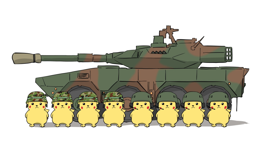 arms_behind_back bad_id bad_twitter_id camouflage camouflage_headwear closed_mouth commentary green_headwear ground_vehicle headset helmet highres looking_at_viewer military military_vehicle motor_vehicle no_humans parade_rest pikachu pokemon pokemon_(creature) shadow simple_background standing standing_at_attention stryker takenotcool tank tank_helmet white_background