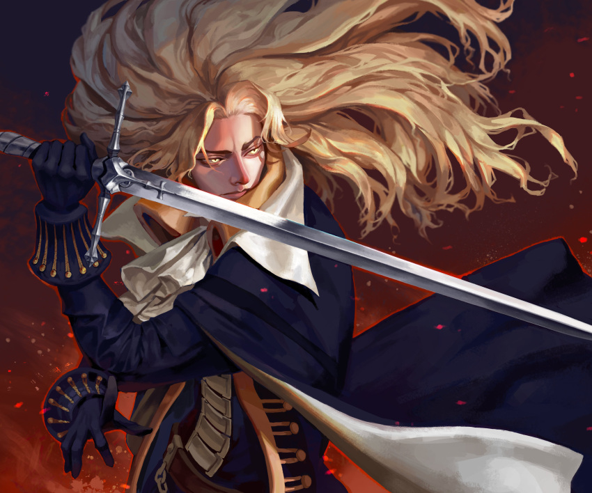 1boy absurdres alucard_(castlevania) ascot black_gloves blonde_hair cape castlevania castlevania_(netflix) embers fighting_stance gloves highres jacket long_hair looking_to_the_side ori_dal serious solo sword weapon yellow_eyes