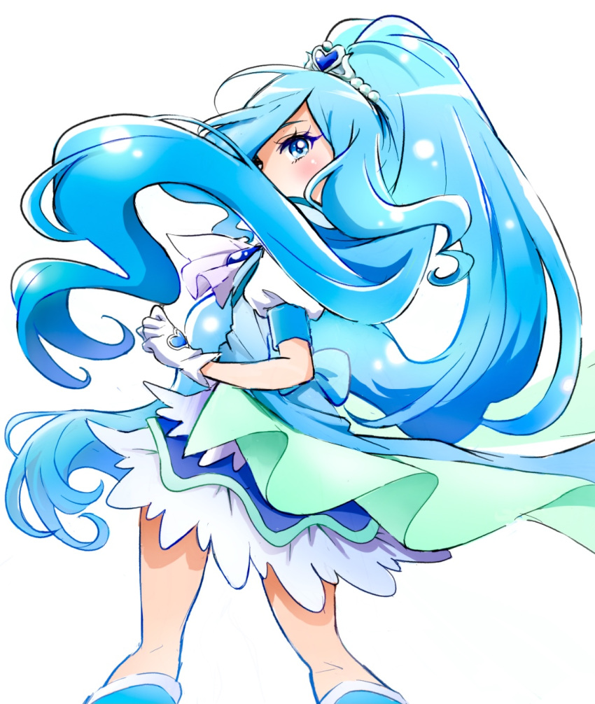 1girl ascot blue_dress blue_eyes blue_footwear blue_hair blue_neckwear blue_theme blue_vest blush commentary_request cure_fontaine dress earrings eyebrows eyelashes gloves hair_ornament healin'_good_precure heart heart_hair_ornament highres jewelry long_hair looking_at_viewer magical_girl pre221b precure puffy_short_sleeves puffy_sleeves sawaizumi_chiyu short_sleeves simple_background solo split_ponytail standing very_long_hair vest white_background white_gloves