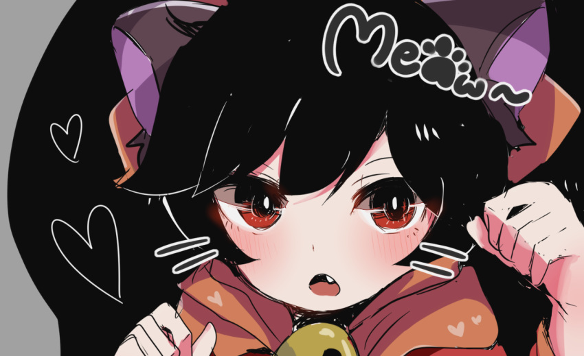 1girl animal_ears ashley_(warioware) bangs black_hair blush cat_ears commentary_request dress english_text fang heart herunia_kokuoji kemonomimi_mode looking_at_viewer open_mouth paw_pose red_dress red_eyes skull solo twintails upper_body warioware