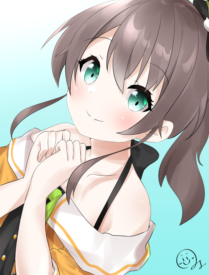 1girl aqua_eyes bangs bare_shoulders black_camisole black_ribbon blush brown_hair camisole closed_mouth crop_top dutch_angle green_neckwear hair_between_eyes hair_ribbon halterneck hands_together highres hololive jacket looking_at_viewer medium_hair myonchi natsuiro_matsuri neck_ribbon off-shoulder_jacket off_shoulder orange_jacket ribbon short_sleeves side_ponytail smile solo spaghetti_strap virtual_youtuber