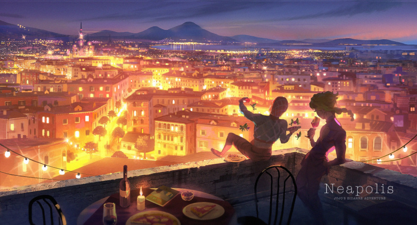 2boys alcohol blonde_hair braid braided_ponytail building city city_lights cityscape collared_jacket cup eating flower food formal giorno_giovanna guido_mista highres holding holding_cup holding_flower jacket jojo_no_kimyou_na_bouken long_hair long_sleeves male_focus meipu_hm mountainous_horizon multiple_boys naples night pants ponytail purple_jacket purple_pants scenery sex_pistols_(stand) suit vento_aureo vest wine