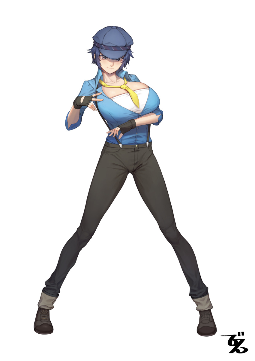 1girl beeeeen black_pants blue_hair blue_shirt breasts cabbie_hat fingerless_gloves gloves hat highres huge_breasts looking_at_viewer necktie pants persona persona_4 shirogane_naoto shirt short_hair simple_background solo suspenders white_background yellow_neckwear