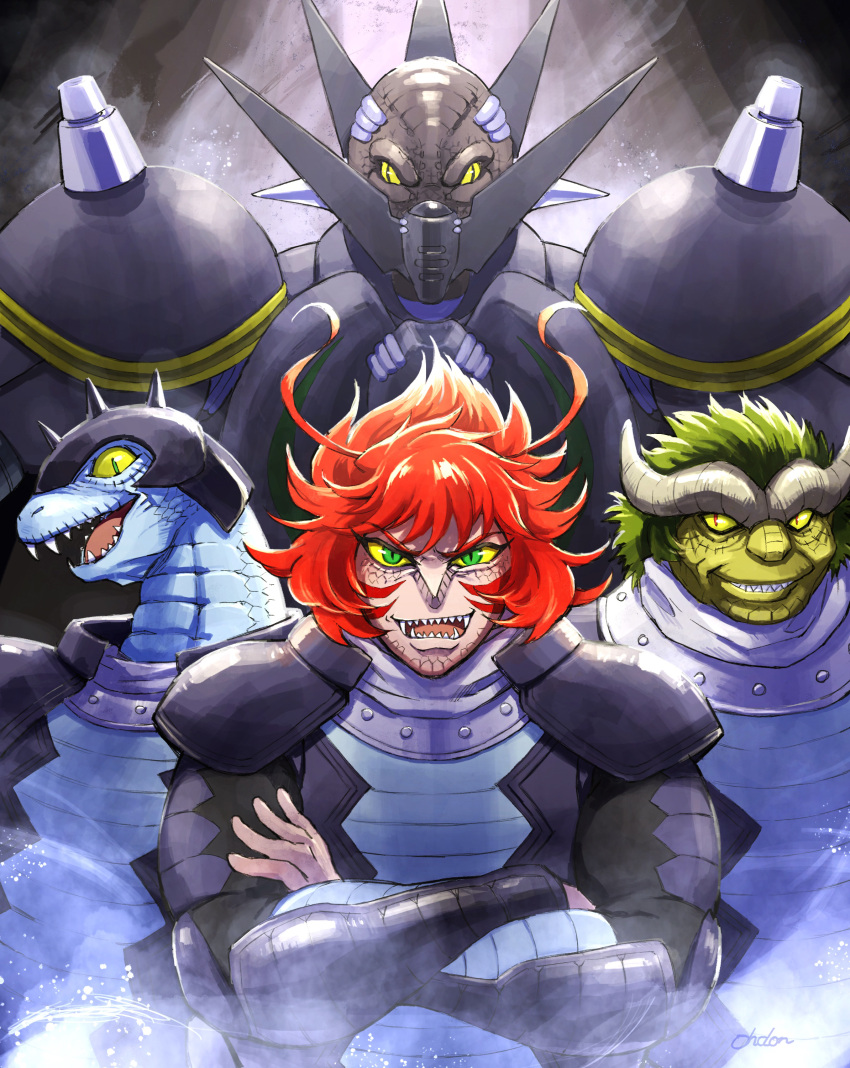 3boys absurdres character_name colored_sclera crossed_arms dinosaur_boy fangs furry getter_robo getter_robo_arc gettersaurus green_eyes green_hair helmet highres horns male_focus mecha multiple_boys ohdon open_mouth pilot_suit redhead sharp_teeth smile spikes super_robot teeth yellow_eyes yellow_sclera