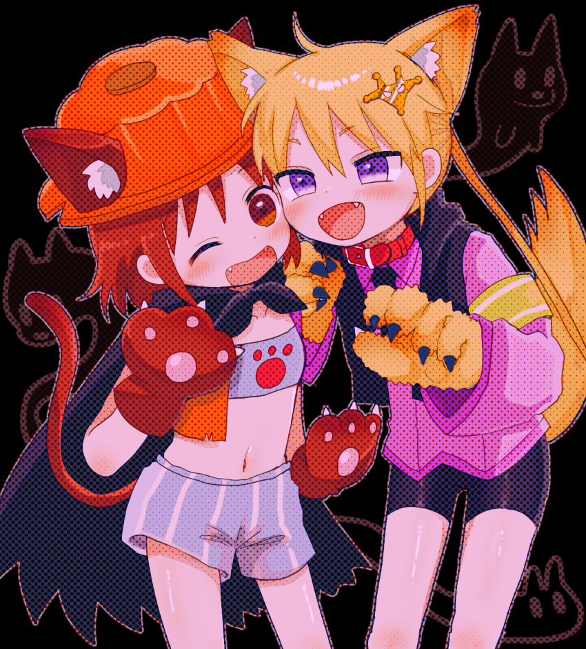 2girls animal_ears bike_shorts black_shorts blonde_hair blue_eyes blush brown_eyes brown_hair cat_ears cat_girl cat_tail collar collarbone crop_top dog_ears dog_girl dog_tail eyebrows_visible_through_hair fangs highres kill_me_baby kirara_fantasia long_hair looking_at_viewer multiple_girls navel one_eye_closed open_mouth oribe_yasuna ribbon short_hair shorts smile sonya_(kill_me_baby) tail twintails yasashii_naizou