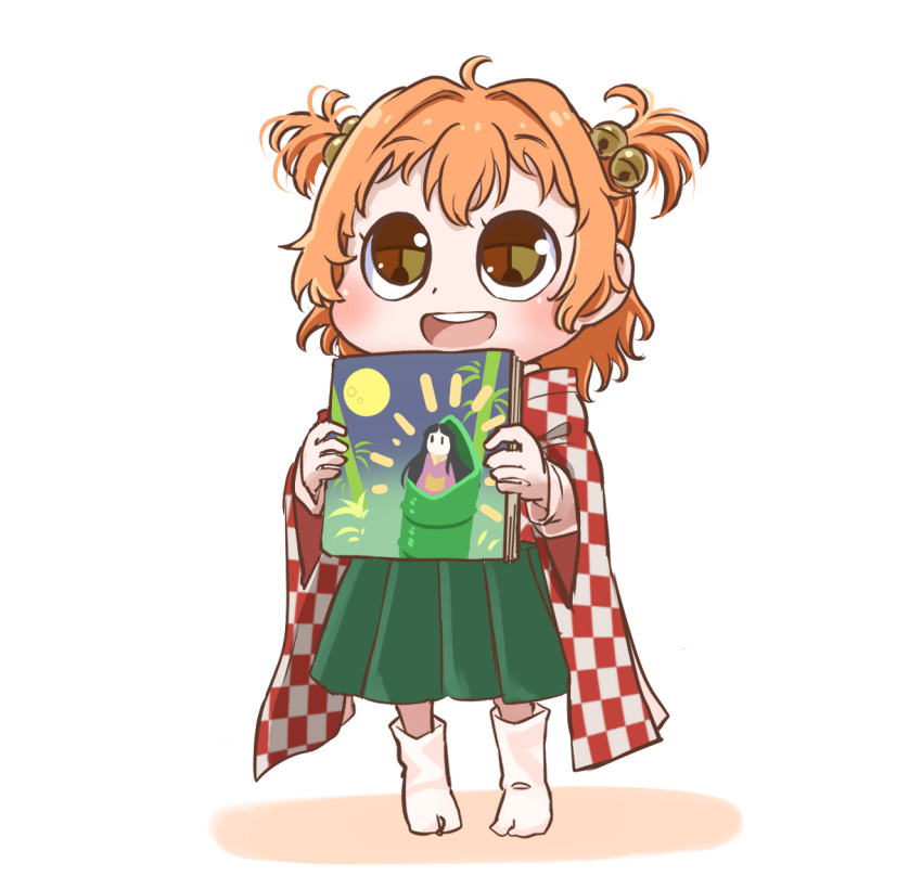 1girl bell book chamaji checkered checkered_kimono eyebrows_visible_through_hair hair_bell hair_ornament holding holding_book japanese_clothes jingle_bell kimono motoori_kosuzu open_mouth red_eyes redhead short_hair short_kimono skirt smile socks solo tabi touhou translation_request twintails two_side_up white_background wide_sleeves younger