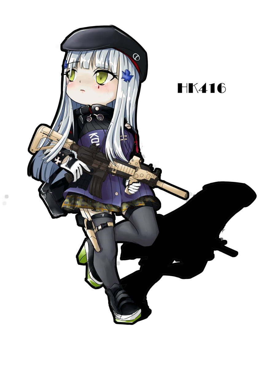 1girl assault_rifle bag_behind_back bangs beret black_footwear black_headwear black_legwear blush breasts character_name chibi closed_mouth crossed_bangs eyebrows_visible_through_hair girls_frontline gloves green_eyes gun h&amp;k_hk416 hat highres hk416_(girls'_frontline) holding holding_weapon holstered_weapon light_blue_hair long_hair looking_up marscoco rifle shoes solo standing tactical_clothes teardrop teardrop_facial_mark teardrop_tattoo thigh-highs uniform weapon white_background white_gloves