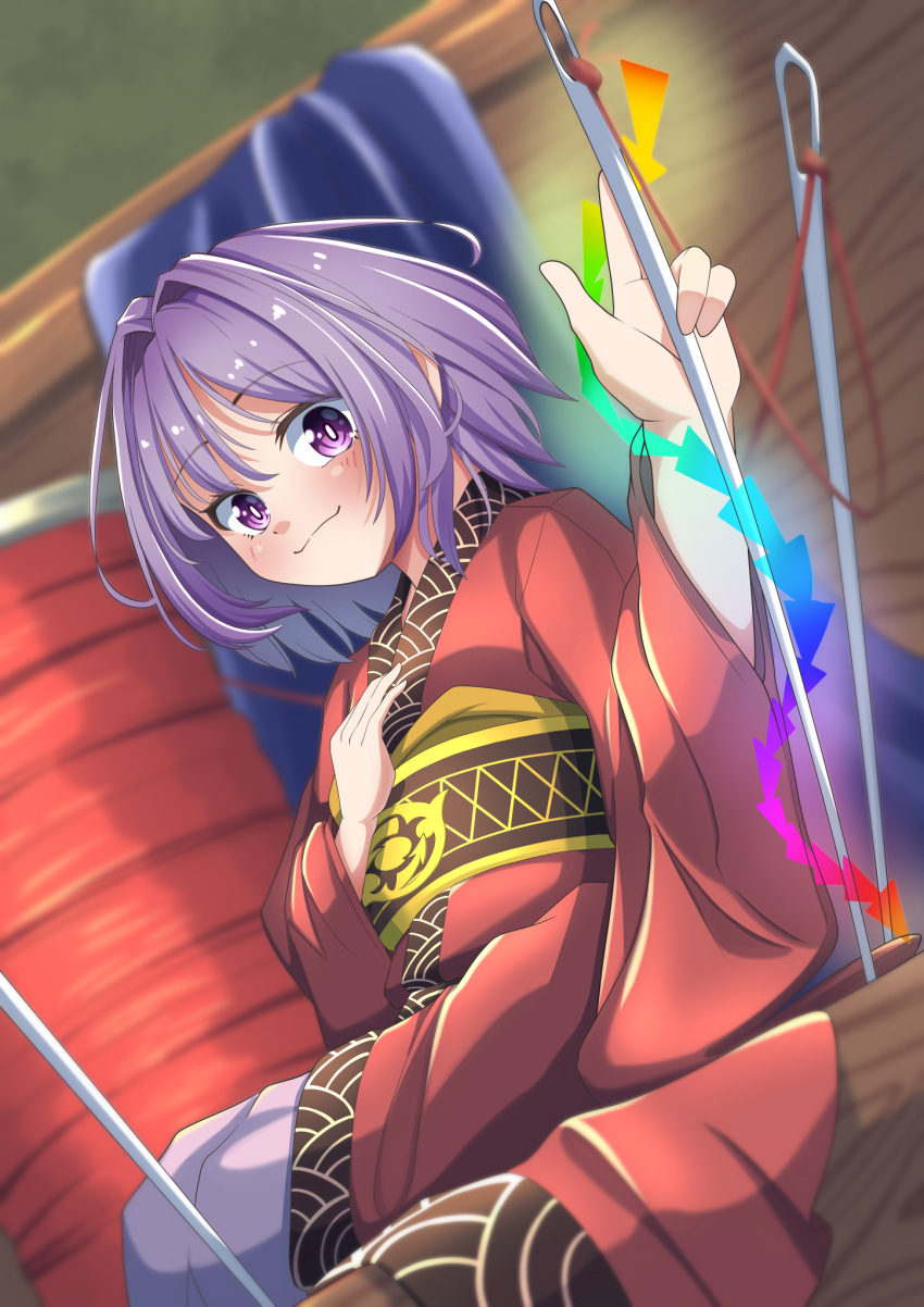 1girl amanoyayuki bangs blurry blurry_background bright_pupils closed_mouth eyebrows_visible_through_hair hand_on_own_chest highres holding holding_needle japanese_clothes kimono long_sleeves looking_at_viewer needle purple_hair red_kimono sash short_hair sitting smile solo sukuna_shinmyoumaru touhou violet_eyes white_pupils wide_sleeves