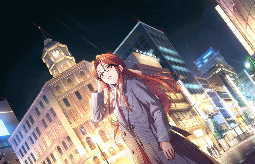 1girl alternate_costume artist_request bangs brown_eyes building city clock clock_tower coat dutch_angle earrings fingernails from_below glasses idolmaster idolmaster_cinderella_girls idolmaster_cinderella_girls_starlight_stage jewelry lamppost lips long_sleeves nail_polish necklace night night_sky official_art outdoors parted_bangs redhead road sky solo standing street tower traffic_light tree zaizen_tokiko