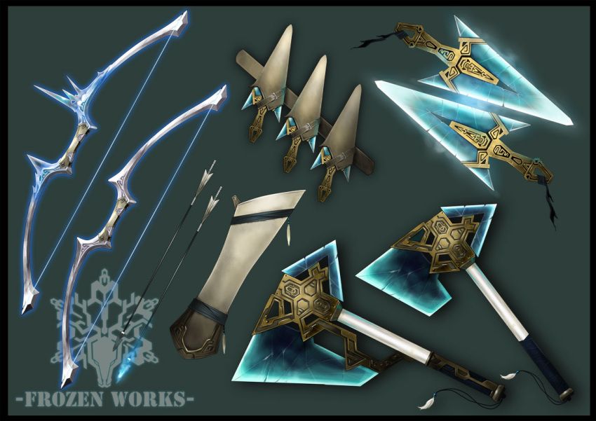 arrow_(projectile) axe bow_(weapon) commentary_request dagger english_commentary english_text fantasy green_background harunori_oogami ice knife mixed-language_commentary no_humans original quiver sheath sheathed simple_background snowflakes still_life weapon weapon_focus