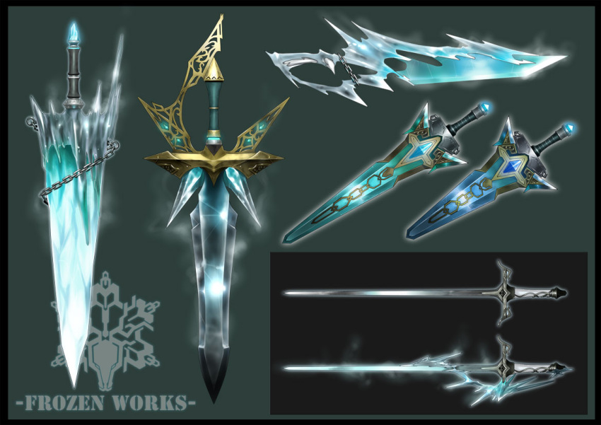 chain commentary_request english_commentary english_text fantasy greatsword green_background harunori_oogami ice mixed-language_commentary no_humans original simple_background snowflakes still_life weapon weapon_focus