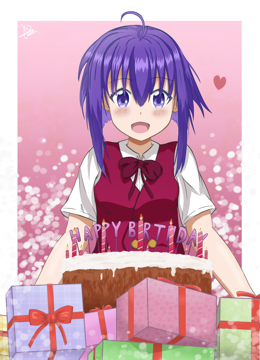 1girl absurdres ahoge birthday birthday_cake blush bow box cake candle food gift gift_box highres huge_filesize mahou_sensei_negima! miyazaki_nodoka purple_hair school_uniform shiny short_hair smile