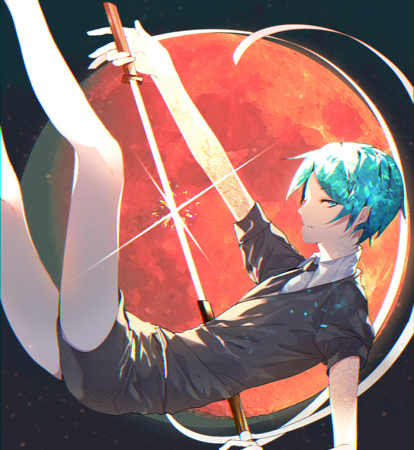 1other androgynous bangs banned_artist black_background closed_mouth commentary_request crystal_hair from_side gem_uniform_(houseki_no_kuni) green_eyes green_hair houseki_no_kuni leo_(feeling_goooood) looking_at_viewer necktie phosphophyllite sheath short_hair short_sleeves shorts solo sparkle unsheathing