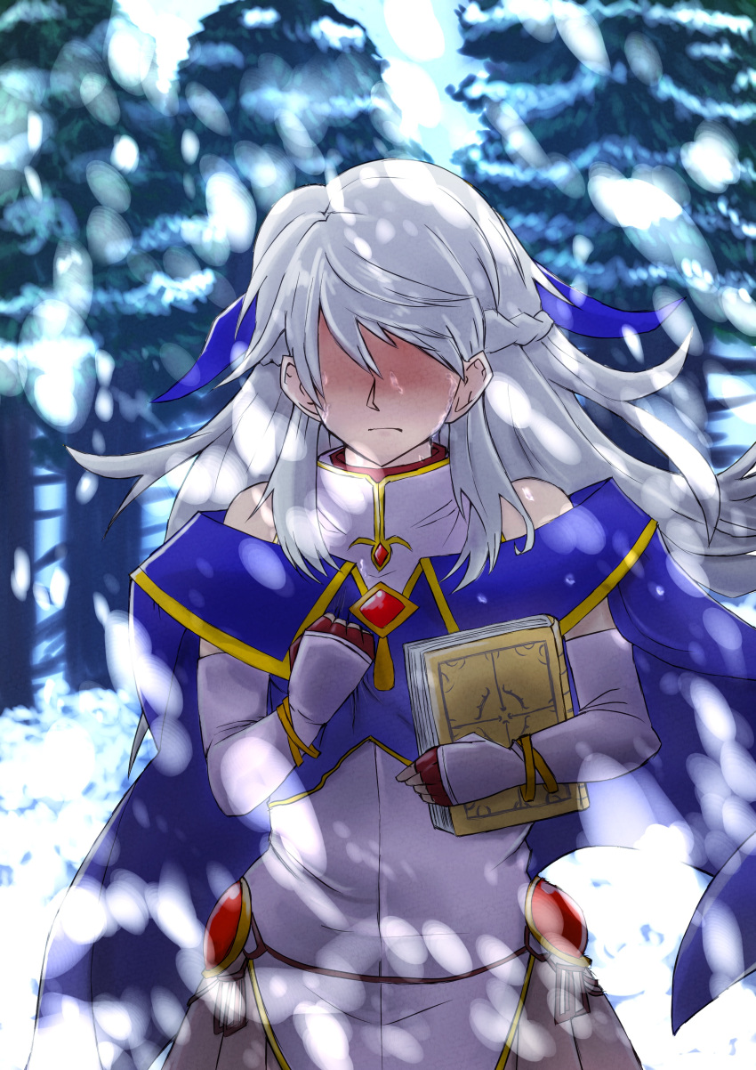 1girl absurdres bangs bare_shoulders blue_cape blurry cape clenched_hand depth_of_field dress fingerless_gloves fire_emblem fire_emblem:_radiant_dawn forest gloves hair_over_eyes highres long_hair micaiah_(fire_emblem) nature shaded_face silver_hair skirt sleeveless sleeveless_dress snow snowing solo tearing_up tears tenkuu_(tenn-kuu) translation_request turtleneck_dress