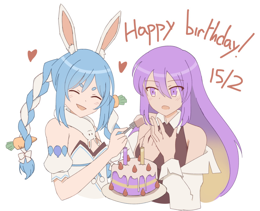 2girls :d aurapls bare_shoulders birthday_cake blue_hair braid cake closed_eyes commentary dated don-chan_(usada_pekora) english_commentary english_text feeding food fork gradient_hair happy_birthday heart highres holding holding_fork hololive hololive_indonesia long_hair moona_hoshinova multicolored_hair multiple_girls open_mouth puffy_short_sleeves puffy_sleeves purple_hair short_sleeves simple_background smile twin_braids usada_pekora white_background
