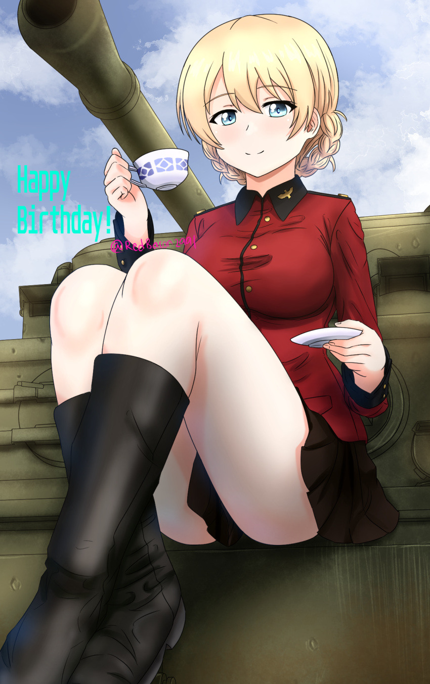 1girl artist_name black_footwear black_skirt blonde_hair blue_eyes blush boots braid breasts closed_mouth cup darjeeling_(girls_und_panzer) french_braid girls_und_panzer ground_vehicle happy_birthday highres large_breasts looking_at_viewer military military_uniform military_vehicle miniskirt motor_vehicle outdoors pleated_skirt redbaron shiny shiny_hair shiny_skin short_hair sitting skirt smile solo st._gloriana's_military_uniform tank uniform