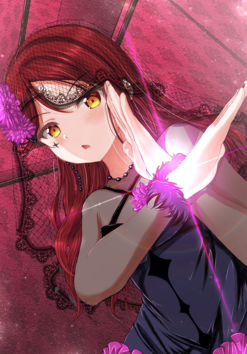 1girl birthday black_dress black_veil check_commentary commentary_request dress earrings eyebrows_visible_through_hair facial_tattoo fushimi_asuha highres jewelry light long_hair looking_at_viewer love_live! love_live!_sunshine!! parody redhead sakurauchi_riko solo tattoo ultra_beam ultra_series upper_body veil yellow_eyes