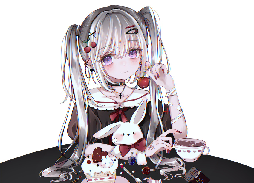 1girl absurdres bandages bandaid bangs cake cherry choker closed_mouth cross cross_necklace cup ear_piercing earrings eyebrows_visible_through_hair food fruit hair_ornament hairclip highres holding holding_food holding_fruit jewelry long_hair looking_at_viewer nail_polish necklace original piercing sakura_mochiko silver_hair smile solo stuffed_animal stuffed_bunny stuffed_toy teacup twintails violet_eyes