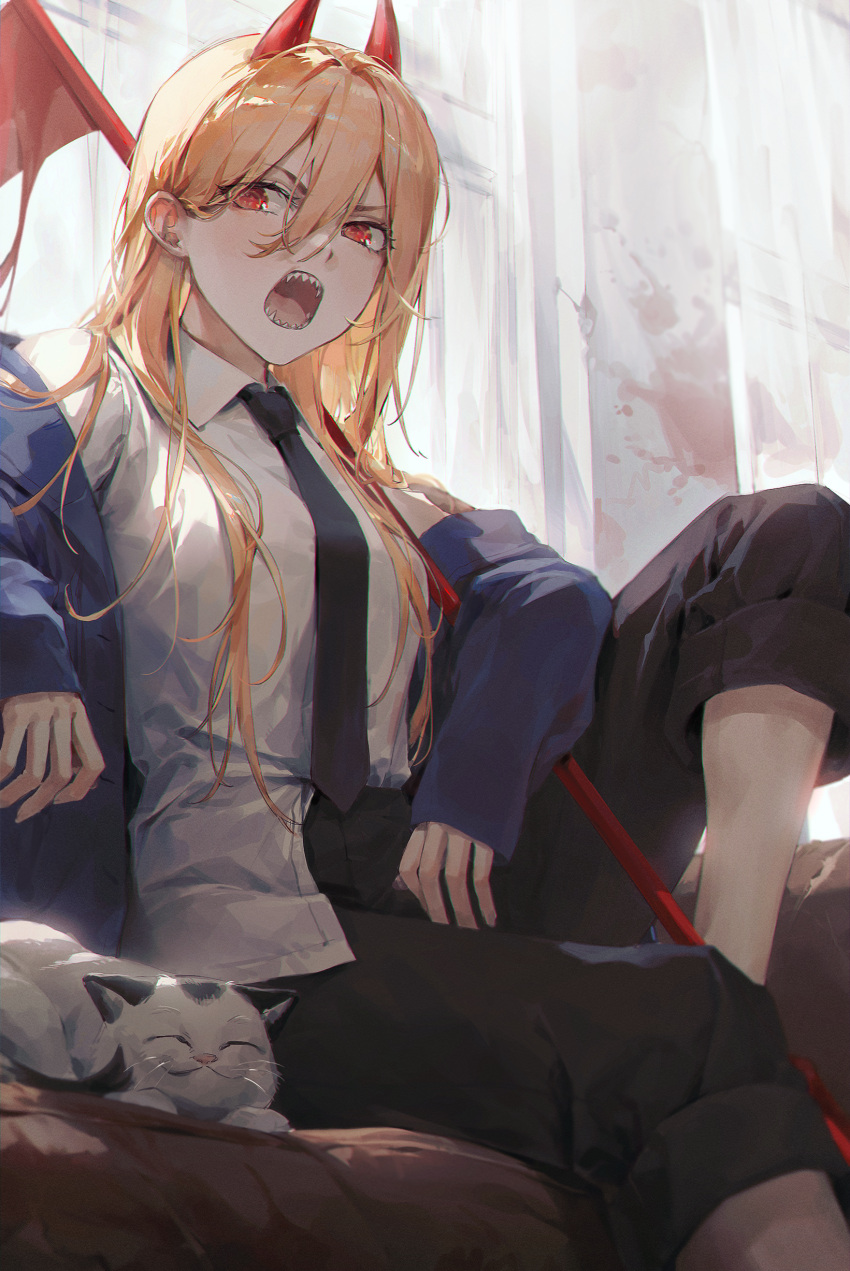 +_+ 1girl absurdres black_neckwear black_pants blonde_hair blood blood_splatter blue_jacket breasts chainsaw_man collared_shirt commentary couch day demon_horns dress_shirt eyelashes feet_out_of_frame hair_between_eyes highres horns indoors jacket kellymonica02 knee_up long_hair looking_at_viewer medium_breasts meowy_(chainsaw_man) necktie off_shoulder open_clothes open_jacket open_mouth pants power_(chainsaw_man) red_eyes scythe sharp_teeth shirt sitting solo sunlight teeth v-shaped_eyebrows white_shirt window wing_collar