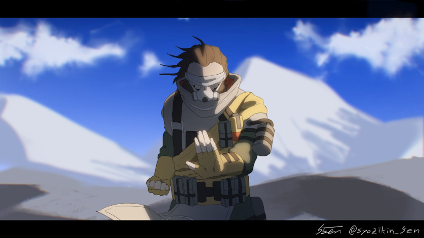 1boy 5-en apex_legends caustic_(apex_legends) clenched_hand clouds fighting_stance fingerless_gloves gloves grey_jacket highres jacket male_focus mountain open_mouth signature sky solo white_blindfold widow's_peak yellow_gloves