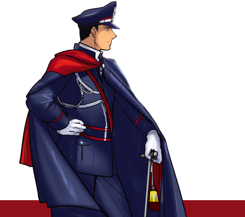 1boy aiguillette black_eyes black_hair blue_cape blue_headwear blue_jacket blue_necktie blue_pants cape closed_mouth collared_shirt contrapposto facing_away fullmetal_alchemist gloves hand_on_hip hat high_collar highres jacket looking_afar male_focus military military_hat military_jacket military_uniform necktie pants peaked_cap profile red_background roy_mustang serious shade shirt simple_background striped striped_background tassel tsurime two-sided_cape two-sided_fabric two-tone_background uniform urikurage weapon_request white_background white_gloves