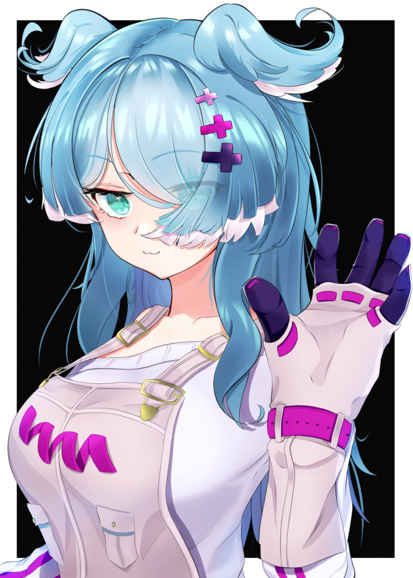 1girl :3 bangs blue_eyes breasts collarbone elira_pendora eyebrows_visible_through_hair gloves grey_gloves grey_overalls hair_over_one_eye head_wings highres hitokarage looking_at_viewer medium_breasts nijisanji nijisanji_en off_shoulder smile solo sweater upper_body white_sweater