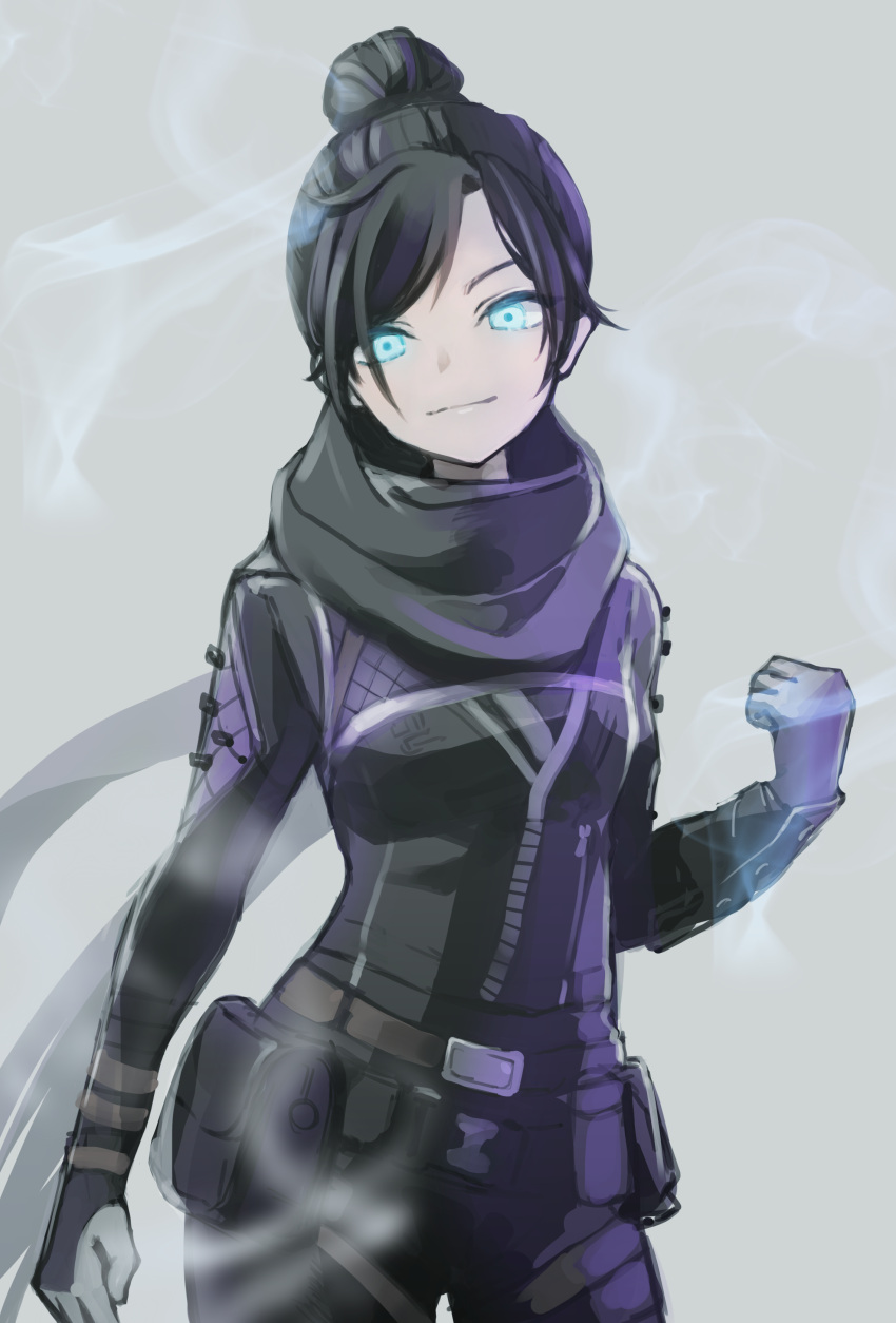 1girl absurdres animification apex_legends bangs black_bodysuit black_hair black_scarf blue_eyes bodysuit breasts clenched_hand eyebrows_behind_hair gloves glowing glowing_eyes grey_background grey_gloves hair_bun highres looking_at_viewer scarf small_breasts smile solo souji_touban wraith_(apex_legends)