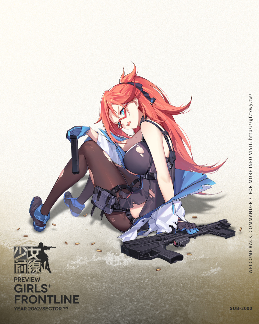 1girl artist_request black_dress black_footwear black_gloves black_legwear blue_eyes blue_gloves breasts bullet cartridge character_name commentary_request copyright_name dress eyebrows_visible_through_hair girls_frontline glasses gloves gun hair_ribbon hand_on_floor highres holding holding_gun holding_weapon large_breasts long_hair looking_at_viewer multicolored multicolored_clothes multicolored_gloves official_art on_floor open_mouth pantyhose ponytail redhead ribbon shoes sideboob simple_background sitting solo sub-2000 sub-2000_(girls'_frontline) submachine_gun torn_clothes torn_dress torn_legwear weapon